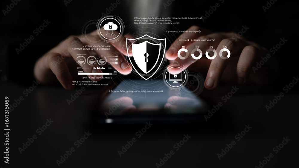 Poster cyber security protects against breaches, hacks, and network attacks using strong infrastructure and