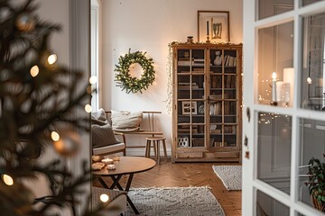 Cozy Nordic interior with wooden furniture and simple festive decorations