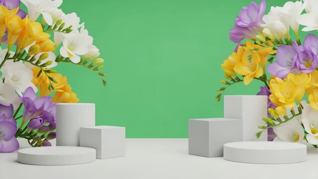 Elegant white display podiums with colorful freesia flowers against a vibrant green background.
