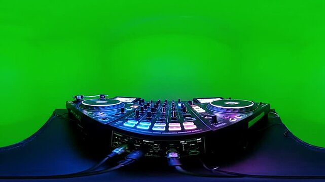 Turntable equipment with vinyl records positioned against bright green background perfect for customizing music-related presentations, party videos, and entertainment production.