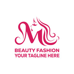 Beauty Fashion Woman Face Logo with Letter M Monogram and Elegant Hair Design in Pink