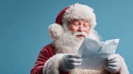 Obraz premium santa claus holding a wish list and reading it no logos no brands ar 169