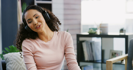 Singing, woman and headphones for music, home and listening to song, entertainment and...