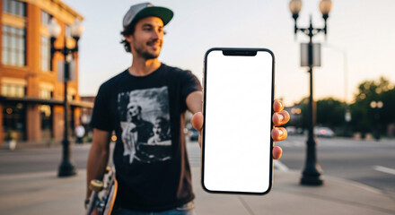 A smiling young man in a baseball cap and t-shirt holds up a modern smartphone with a blank white screen, standing on a city street during golden hour.