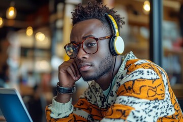 young professional wearing headphones and taking notes during a video conference, capturing a moment of effective communication and collaboration in a modern office environment, Generative AI