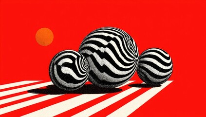 Abstract spheres on red background with stripes