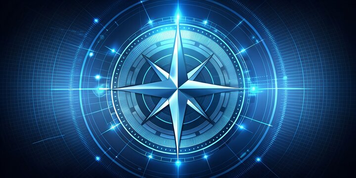 A futuristic compass with glowing blue light effect, symbolizing navigation, direction, technology, and innovation in the digital age
