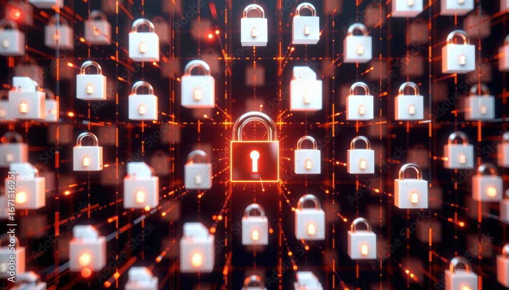 Poster digital locks on a network, symbolizing security and protection in technology.
