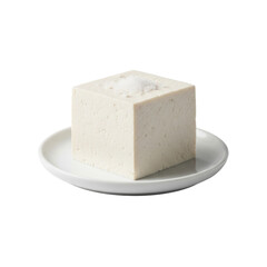Pristine cuboid firm white tofu block with sea salt flakes on a matte white plate, isolated against a seamless transparent background with no shadows, high-end food product purity concept