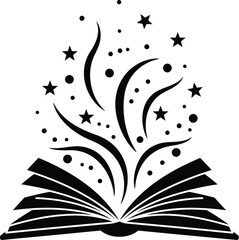 Magic Open Book Silhouette with Stars and Sparkles