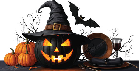 Spooky halloween dinner party with pumpkin wearing witch hat and bat decoration
