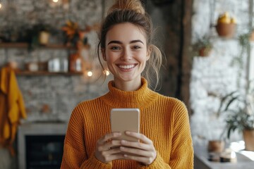 Woman smiling with a cardboard box and smartphone in a modern home interior, representing excitement and contentment with online shopping or deliveries, Generative AI