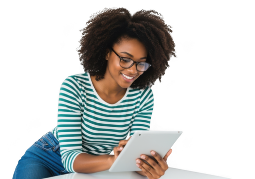 Young african american woman with curly hair wearing glasses and a striped shirt, holding a tablet computer while working or studying, isolated on transparent background - Powered by Adobe