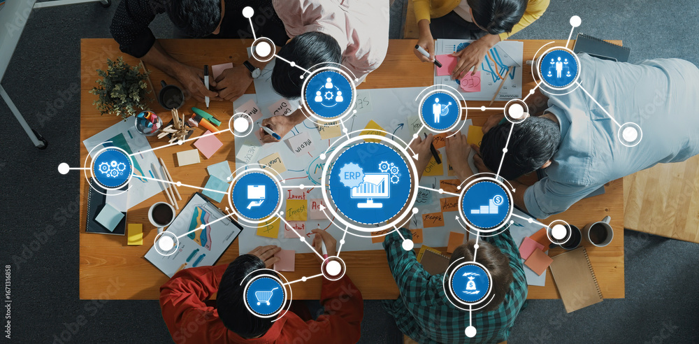 Poster a vibrant workplace environment showcasing a diverse team collaborating on data analytics and projec