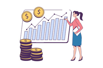 Businesswoman pointing at graph on presentation board. Vector illustration in flat style