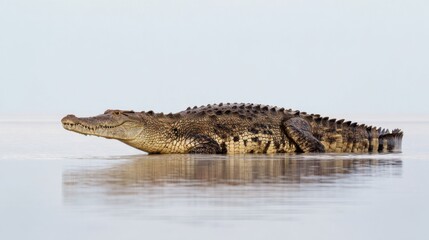 Naklejka premium Large Reptile Swimming Calmly in Shallow Water Under Clear Sky