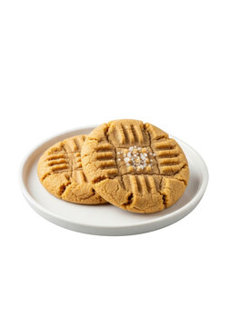 Classic golden-brown peanut butter cookies with crisp edges, chewy interiors, and crisscross marks, one with sea salt, on a white plate, transparent background. Culinary perfection concept