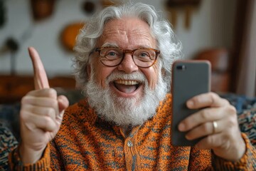 happy gray-haired senior man at home, sitting on the couch, looking at the screen of the phone he is holding, rejoicing in success, and showing victory gesture, symbolizing contentment, Generative AI