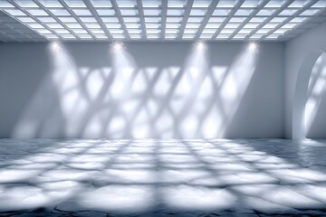 Modern Interior Dramatic Light  Shadow Play on White Marble Floor.