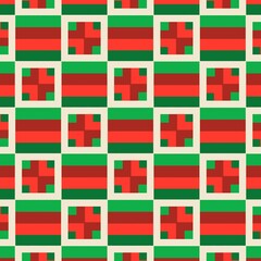 A festive and geometric checkerboard pattern with a clean, grid-like design of red and green.The pattern alternates between blocks of horizontal red stripes and framed squares with a symmetrical cross