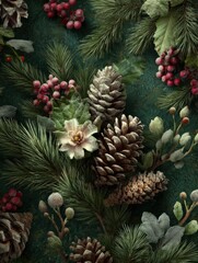Fototapeta premium emerald green backdrop frosted pine cones berries botanical holiday