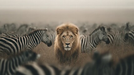 Majestic Lion Standing Amidst Zebras in the African Savannah on a Misty Morning Capturing Wildlife in the Natural Habitatlion