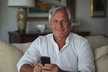Portrait of an older gray-haired man in a white shirt sitting on the couch at home, holding a mobile phone, smiling at the camera with a calm, contented demeanor, Generative AI