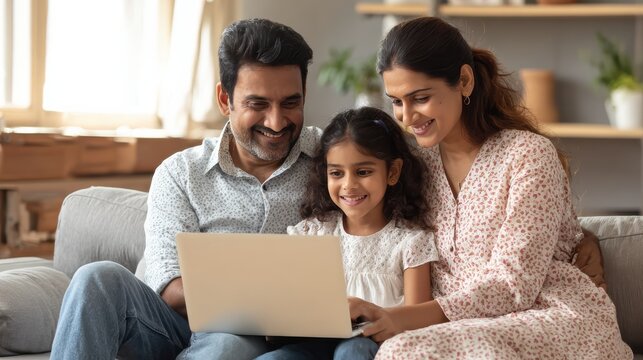 happy indian family couple with child daughter using laptop computer at home smiling parents and teen kid bonding watching streaming online tv or doing ecommerce shopping together sitting on sofa no 
