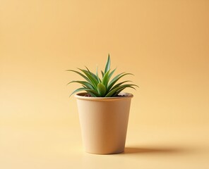 Fototapeta premium Natural Aesthetic Small Plant in Kraft Paper Pot on Beige Background