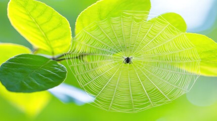 Macro of spiderweb glistening with dew drops hanging on leafy branch in sunlight