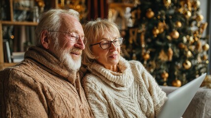 side view of senior couple indoors at home at christmas having video call with family no logos no brands ar 169