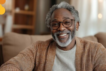 smiling senior gray-haired man grandfather talking on a video call on the phone, sitting on the sofa at home, and happily reacting to the news, showing engagement and joy, Generative AI