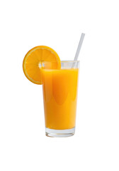 Pristine glass of vibrant orange juice with natural pulp, orange wheel, clear straw, 45-degree studio shot on a transparent background, premium beverage advertising concept