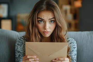 Woman receiving bad news in an envelope, looking concerned while sitting on a couch in a modern home, reflecting worry or disappointment over an unexpected situation, Generative AI
