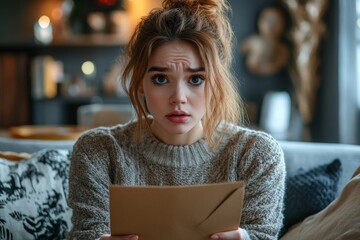 Woman receiving bad news in an envelope, looking concerned while sitting on a couch in a modern home, reflecting worry or disappointment over an unexpected situation, Generative AI
