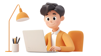 3D icon young businessman working with laptop in office or home isolated on transparent background