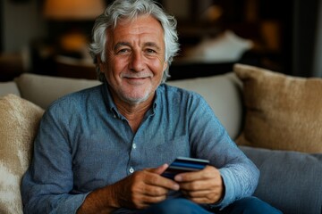 Close-up portrait of a senior man with gray hair in a shirt, sitting on a sofa at home, holding a phone and a credit card, smiling at the camera as he handles his financial transactions, Generative AI