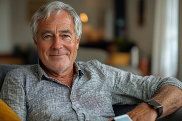 Close-up portrait of a senior man with gray hair in a shirt, sitting on a sofa at home, holding a phone and a credit card, smiling at the camera as he handles his financial transactions, Generative AI
