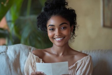 Happy woman reading a letter while sitting on the sofa at home, symbolizing joy and positive emotions from receiving good news, Generative AI
