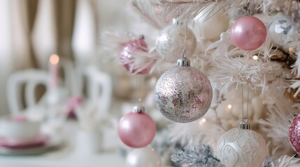 a close picture of silver and pink decorations on a white new year tree place setting for christmas in white with white christmas tree no logos no brands ar 169