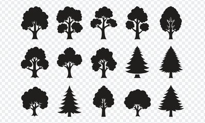 Tree Silhouette Icon Set – Diverse Forest Shapes in Black Vector Style, tree icon, black tree vector, forest silhouette, nature icon, tree shapes, vector tree, tree clipart, tree graphic, 