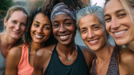 Fototapeta premium happy multi generational women having fun together multiracial friends smiling on camera after sport workout outdoor main focus on african female face no logos no brands ar 169