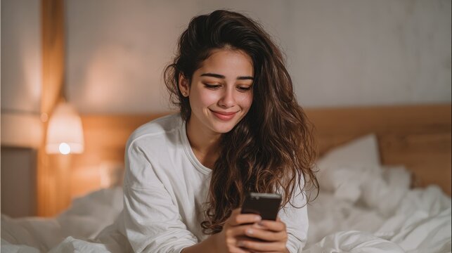 happy hispanic teen girl holding cell phone using smartphone device at home smiling young latin woman blogger subscribing new social media buying in internet ordering products online in apps no logos
