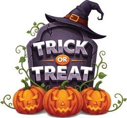 Spooky halloween tombstone with pumpkins and a witch hat for trick or treat fun