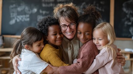 happy diverse kids multicultural junior school children students hugging embracing female teacher appreciating and thanking educator in classroom having fun celebrating back to school concept no logo