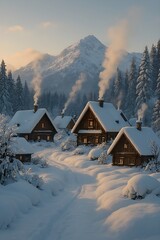 Fototapeta premium Winter Village with Snowy Cabins and Chimney Smoke