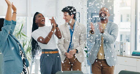 People, team and celebration with confetti at office for success, goals and achievement at company. Men, women and happy group with cheers, applause or excited for project approval at creative agency