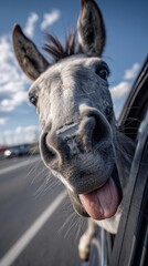 Comical Close-Up of a Curious Donkey with Tongue Out Leaning from Car Window on Sunny Day with Blue Sky and Fluffy Cloudsdonkey