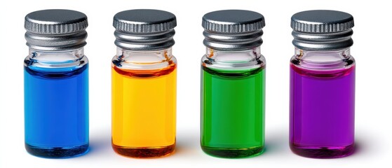Four small glass bottles with silver caps contain vibrant blue, yellow, green, and purple liquids, arranged in a row on a white background