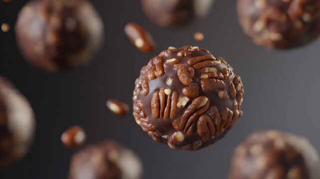 A collection of pecan balls with chocolate pecan nuts with crispy chocolate, floating in the air, uhd image, free-associative, back button focus, functionality emphasis, portraits with soft lighting
